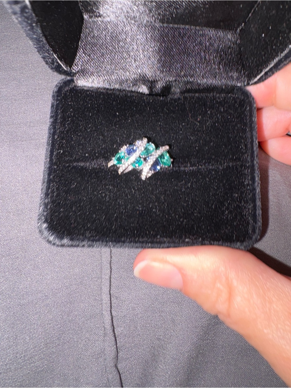 Sterling Silver Blue-Green Gemstone Ring with Pavé Accents